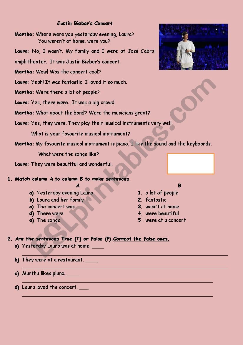 Justin Bieber Concert worksheet