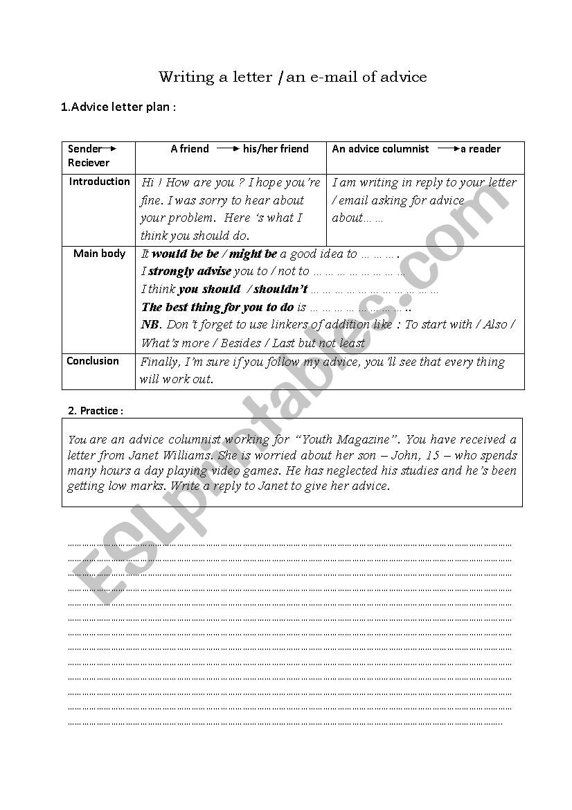 Writing a letter of advice worksheet