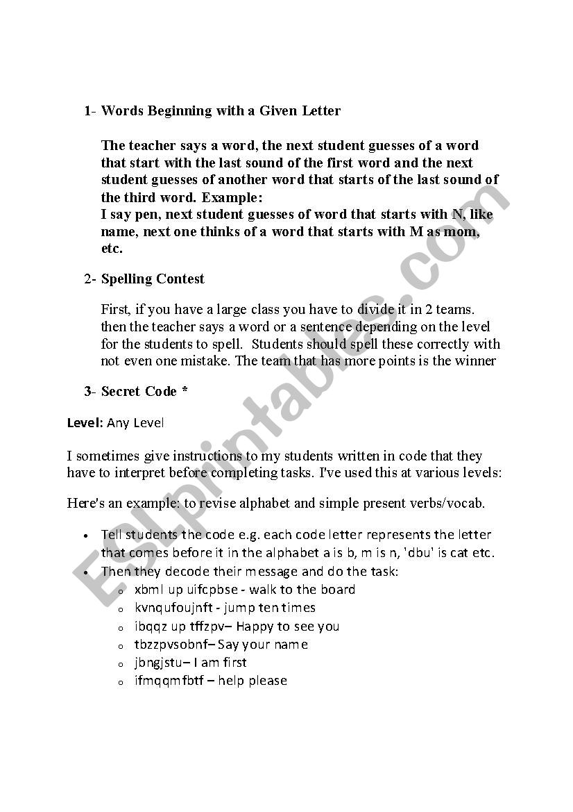 ativities worksheet