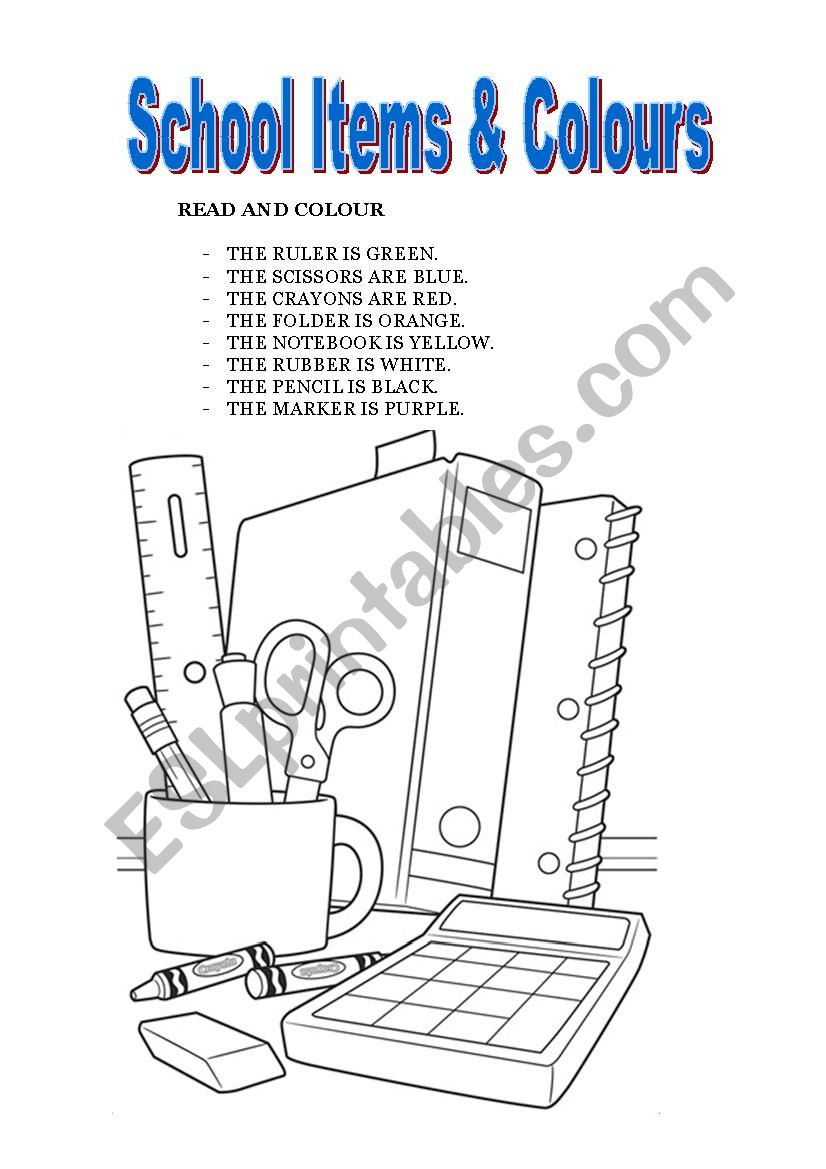 school items and colours worksheet