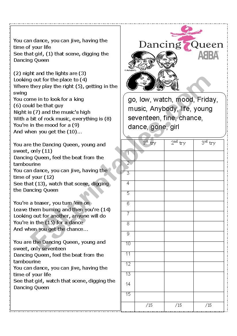 Dancing Queen, ABBA worksheet