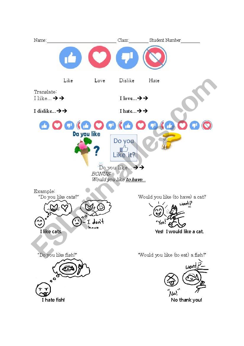 I like/dislike/love/hate worksheet