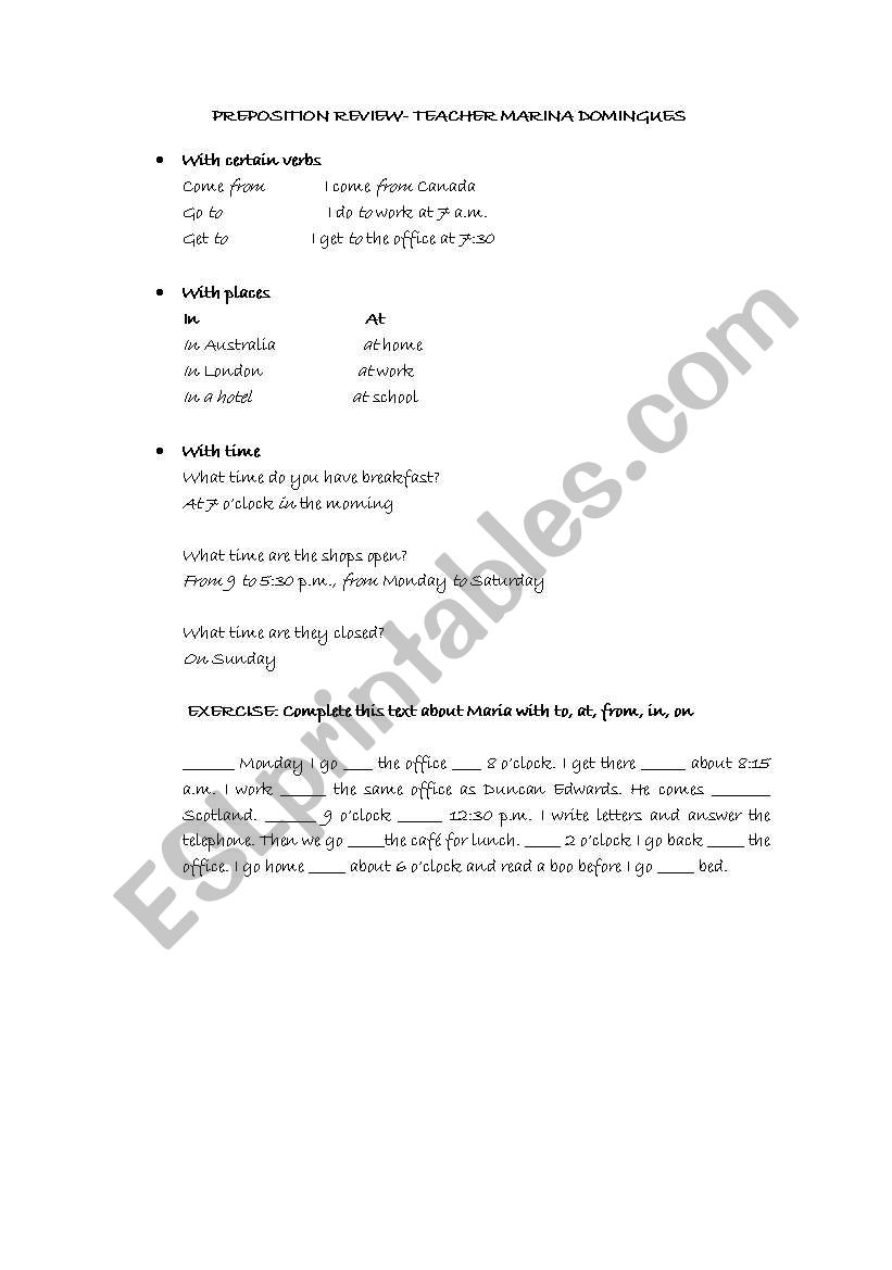 PREPOSITIONS REVIEW worksheet