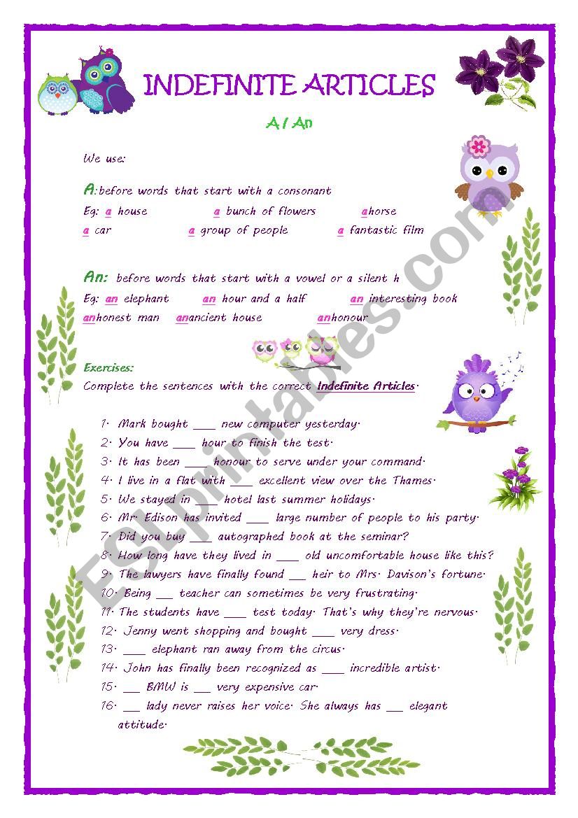 Indefinite Articles worksheet