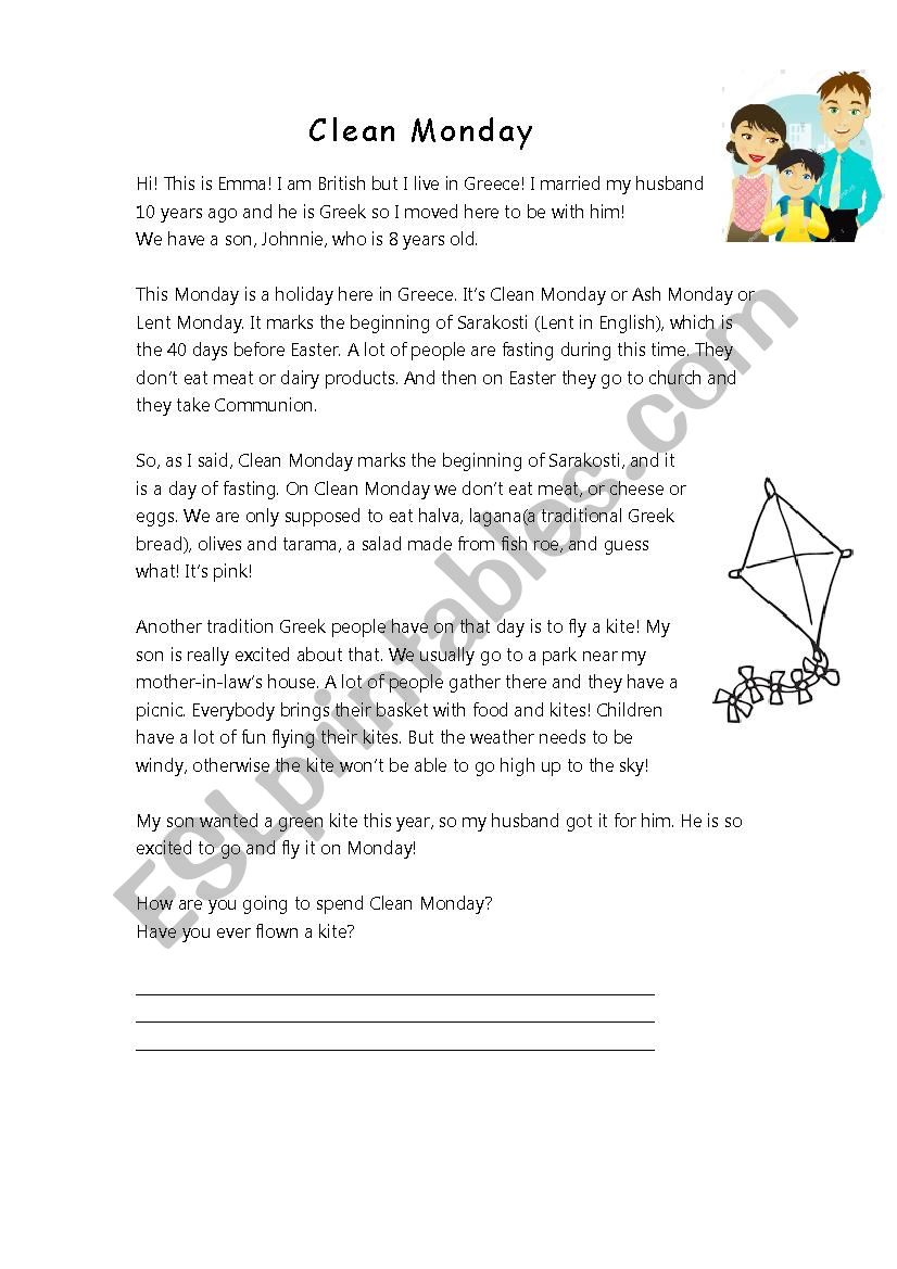 Clean or Ash Monday worksheet