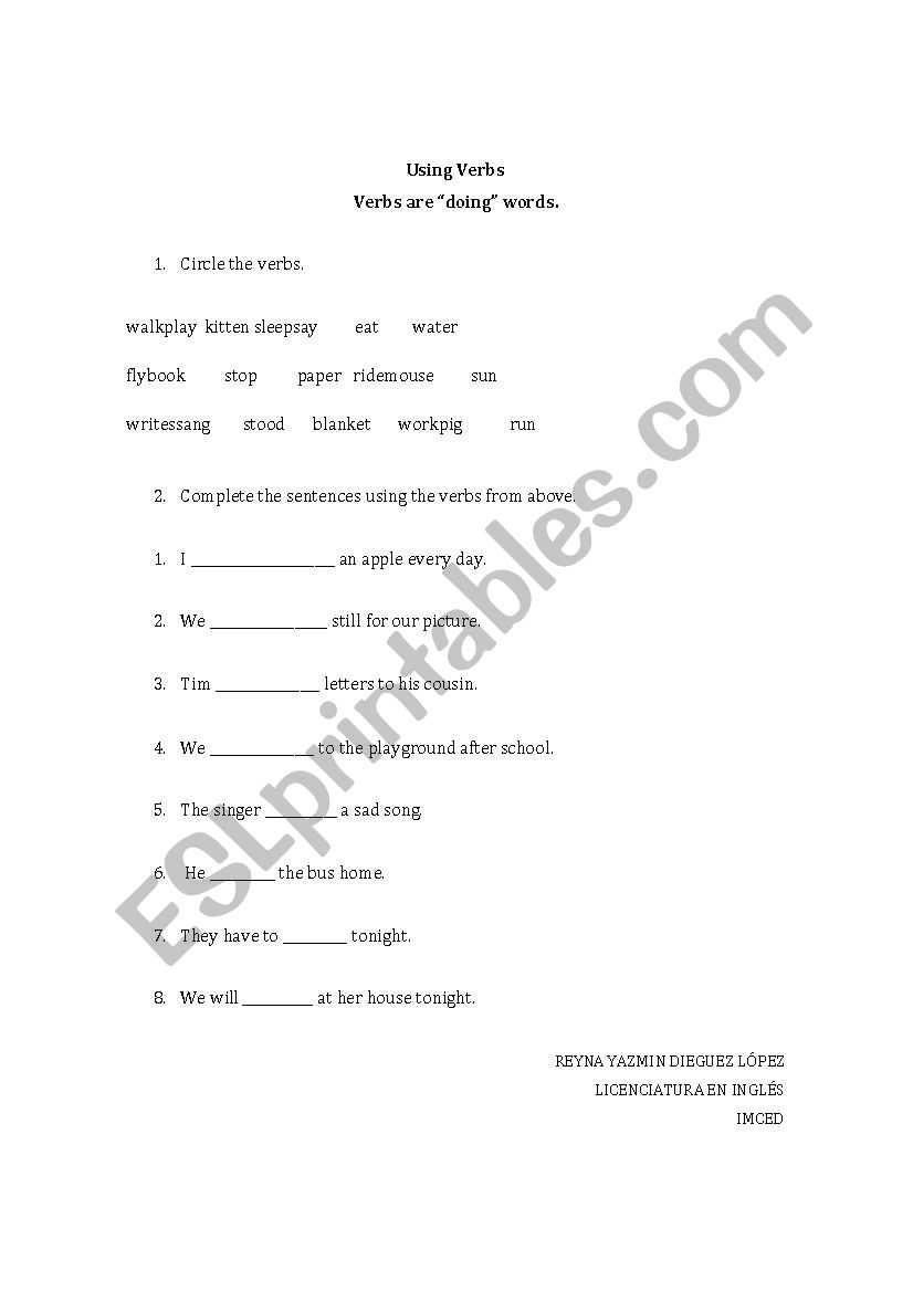 Using Verbs worksheet