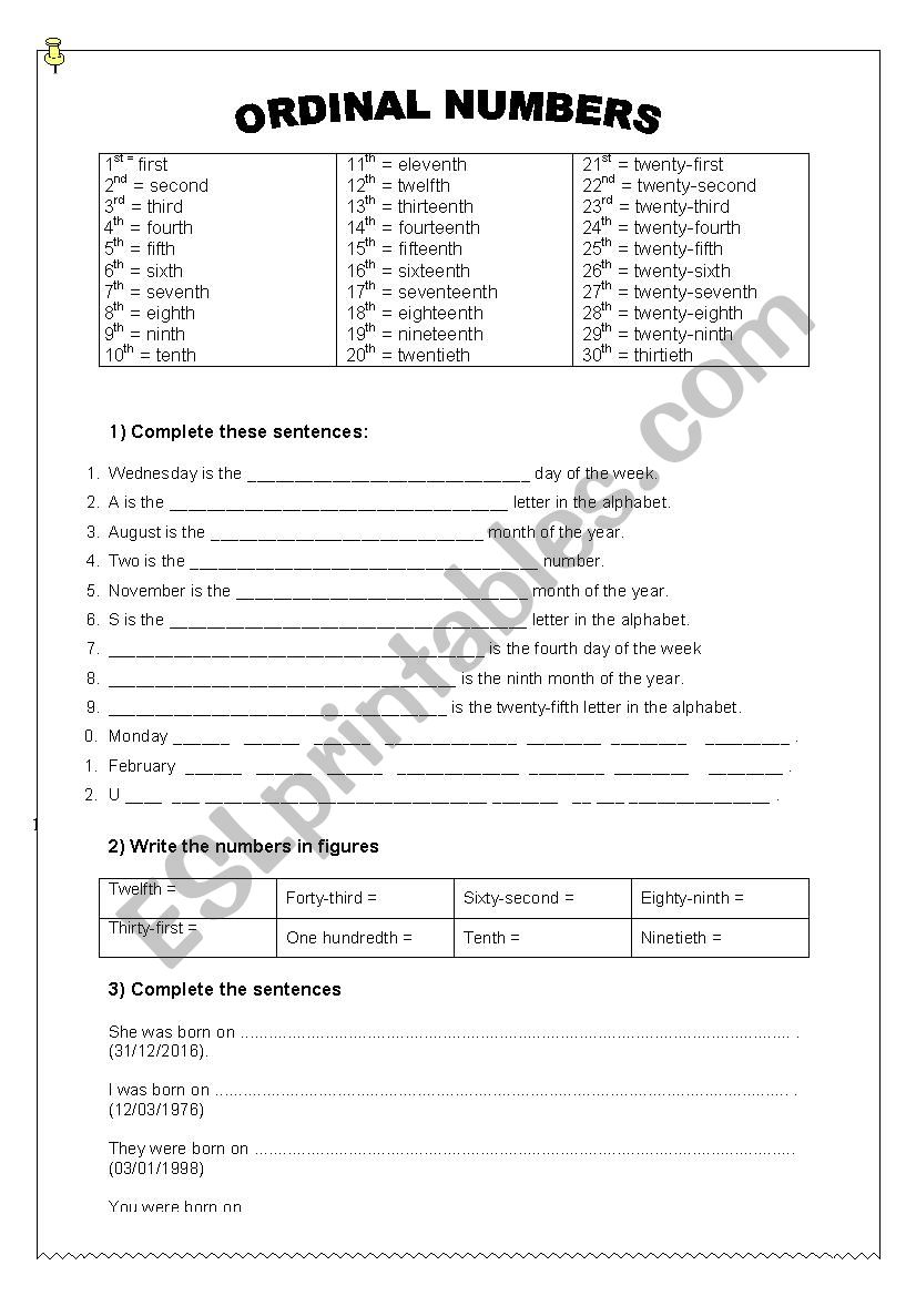 Ordinal numbers worksheet