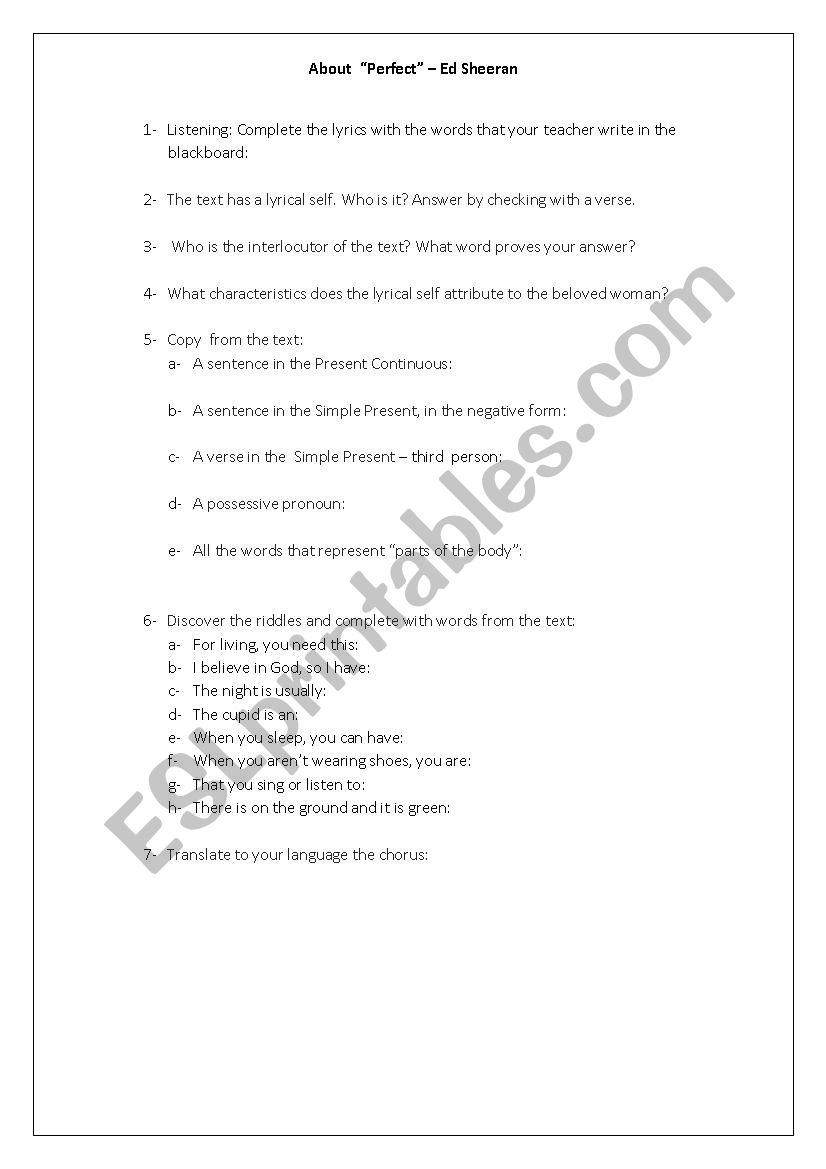 Perfect - Ed Sheeran worksheet