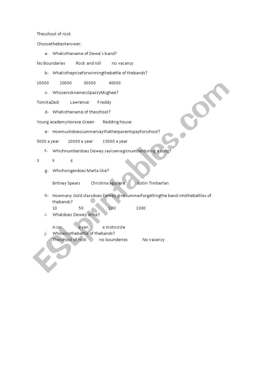 the school of rock worksheet