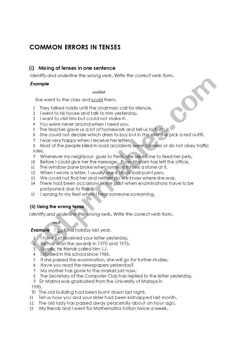 Common Errors in Tenses worksheet