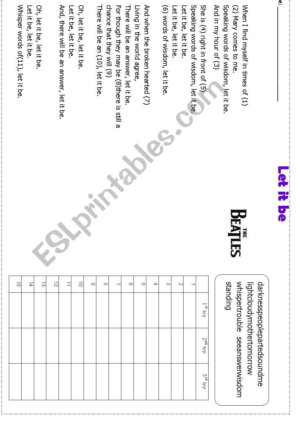 Let it be, The Beatles worksheet