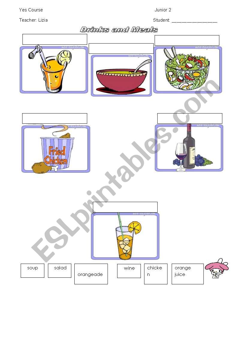 drinks and meals worksheet