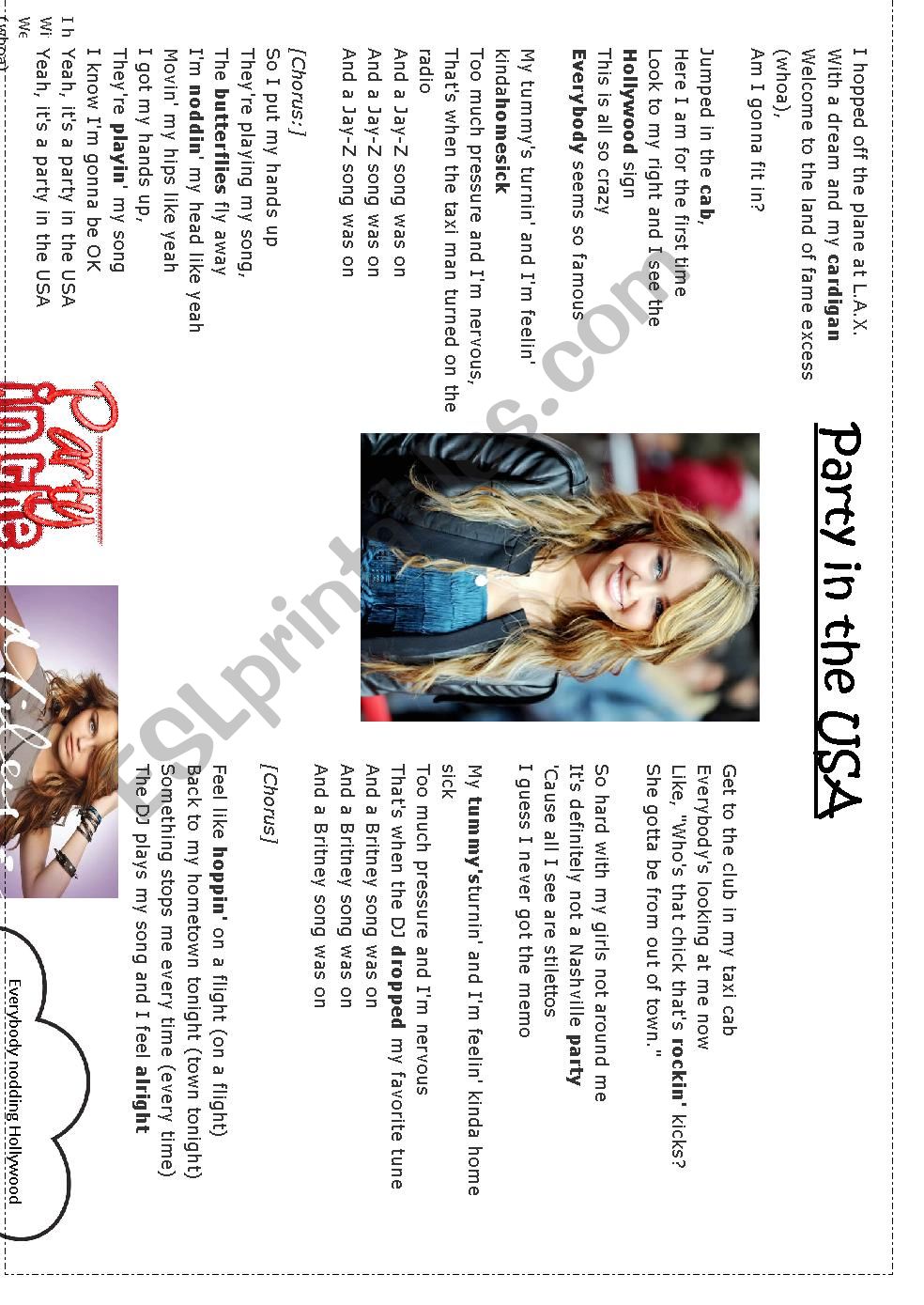Party in the USA, Miley Cyrus worksheet