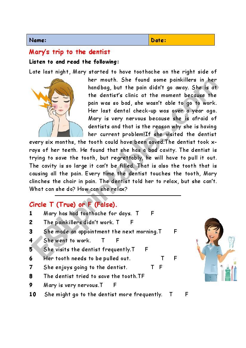 MaryÂ´s Trip to the Dentist worksheet