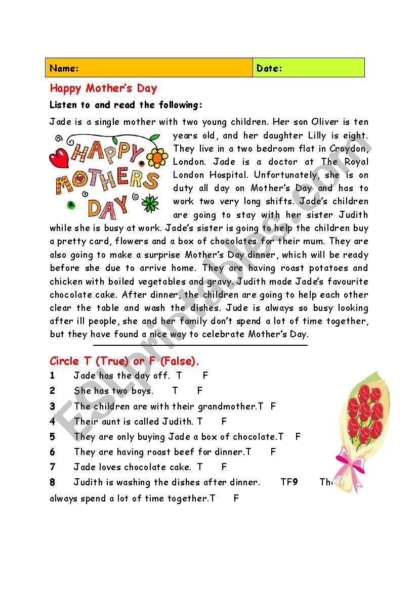 Mothers Day worksheet