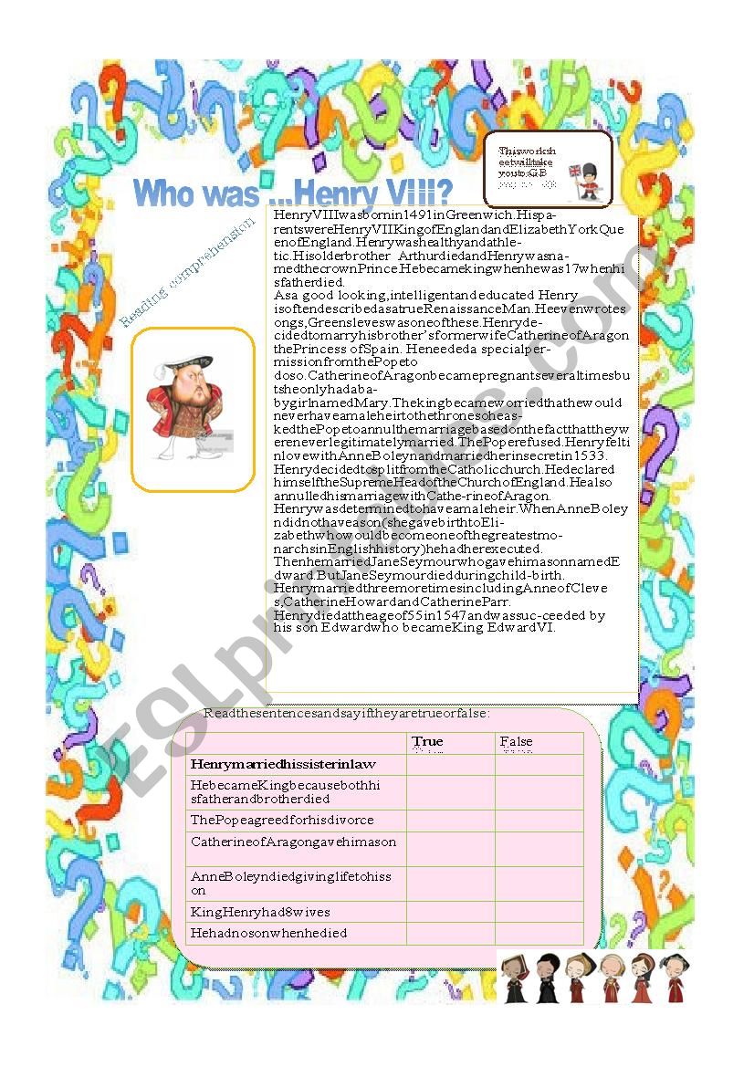 Who was Henry VIII ? Reading comprehension + exercise