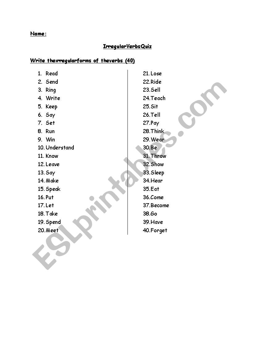 Irregular Verb Quiz worksheet