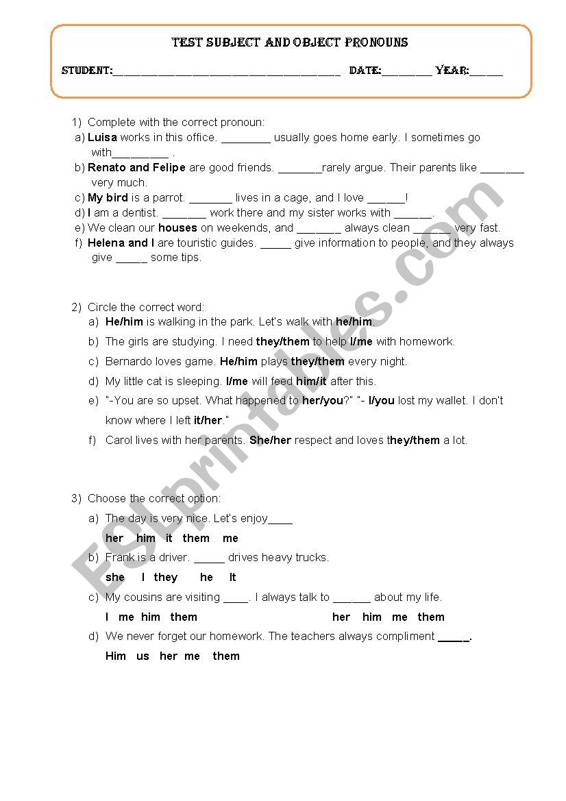 TEST PRONOUNS worksheet