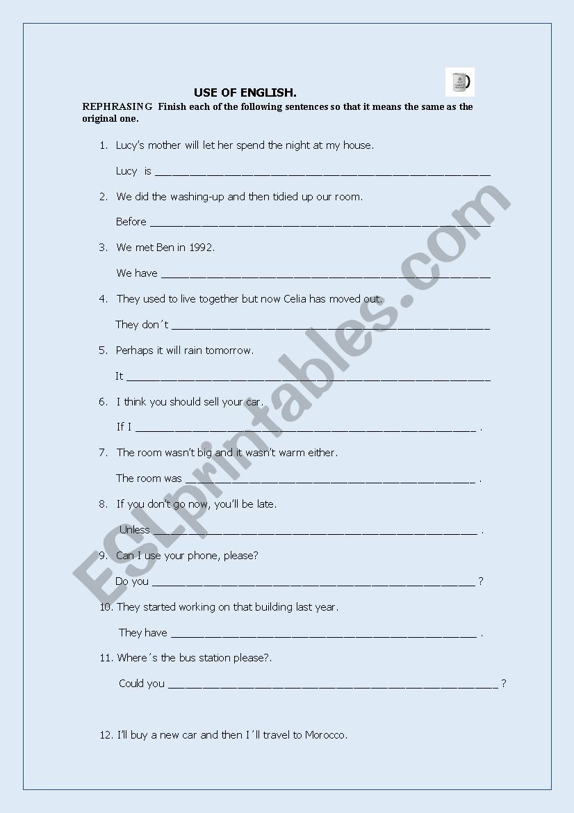 REPHRASING USE OF ENGLISH worksheet