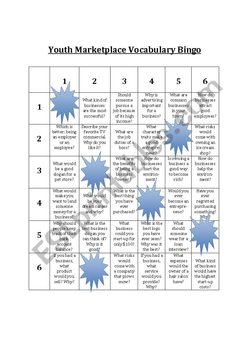 Youth Business Marketplace Vocabulary Bingo