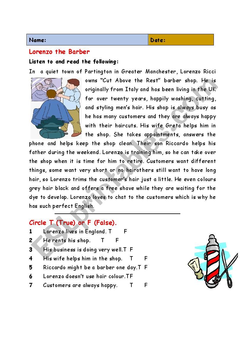 Lorenzo the Barber worksheet