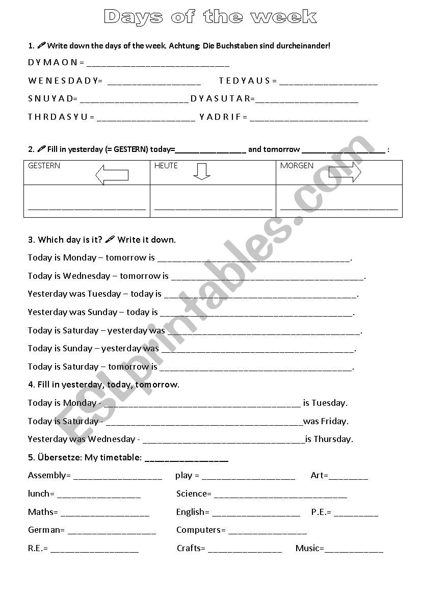 DAys of the week worksheet