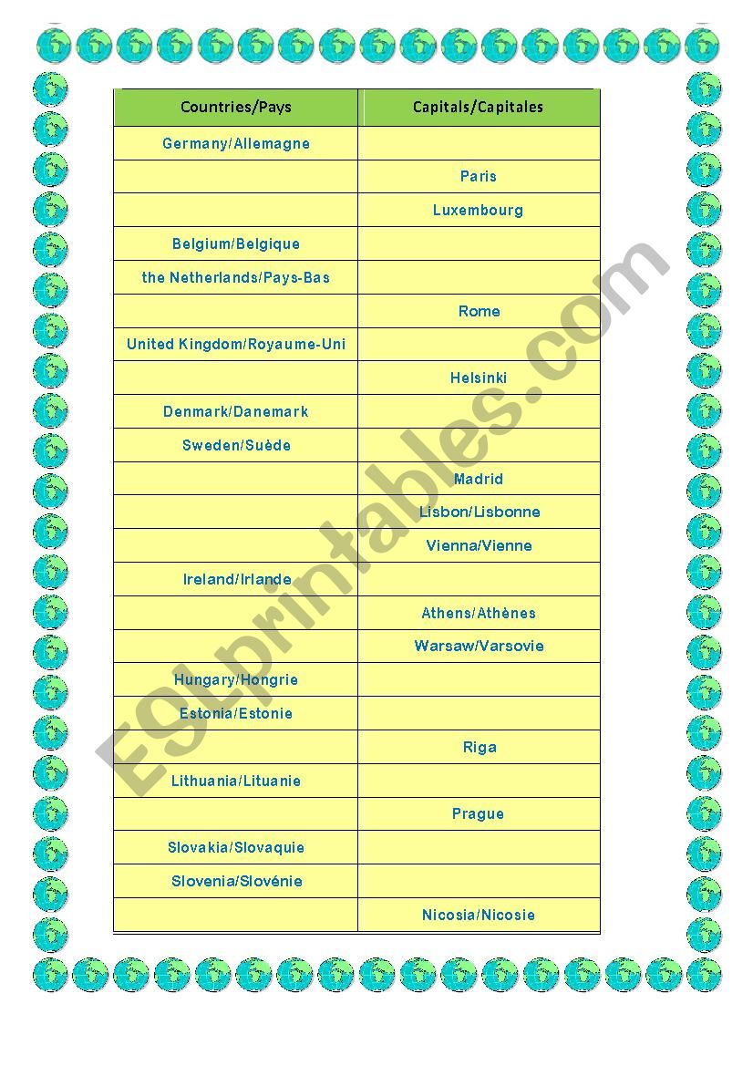 Countries and Capitals worksheet