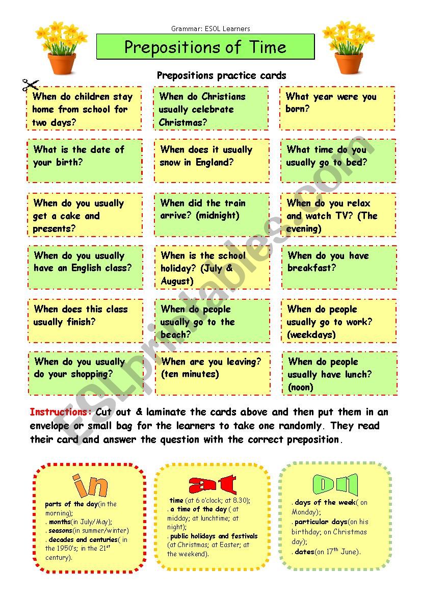 Prepositions of Time Conversation Cards