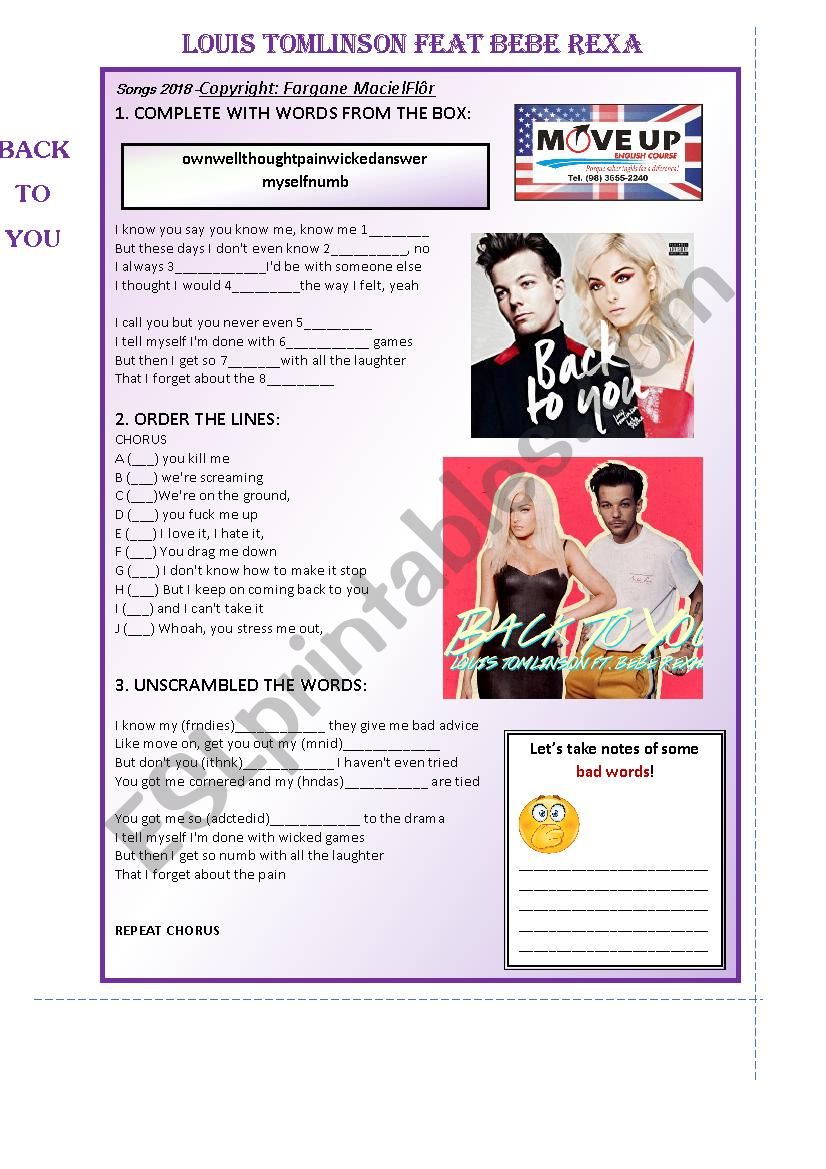 Back to you song worksheet
