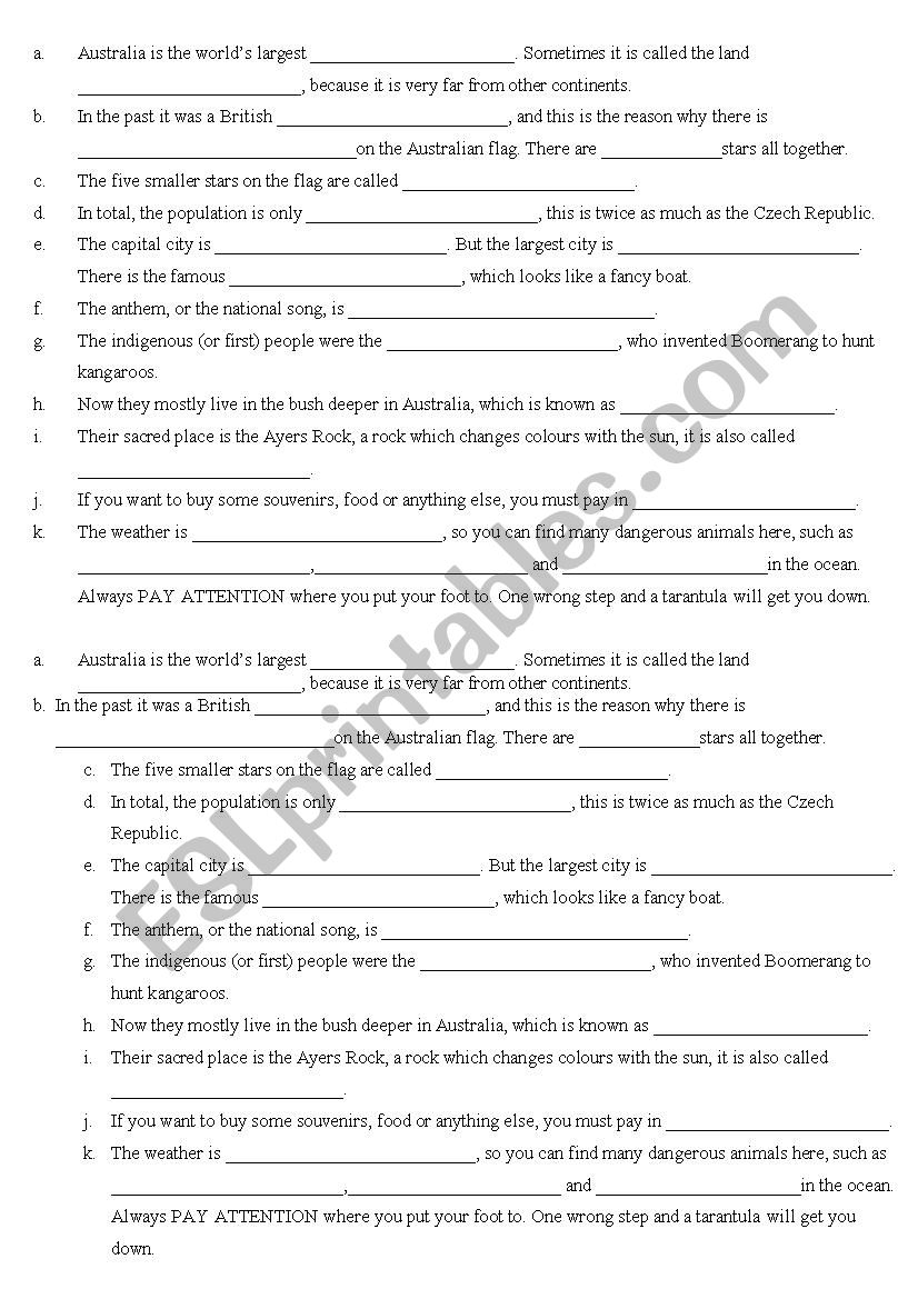 Australia - test or practice worksheet