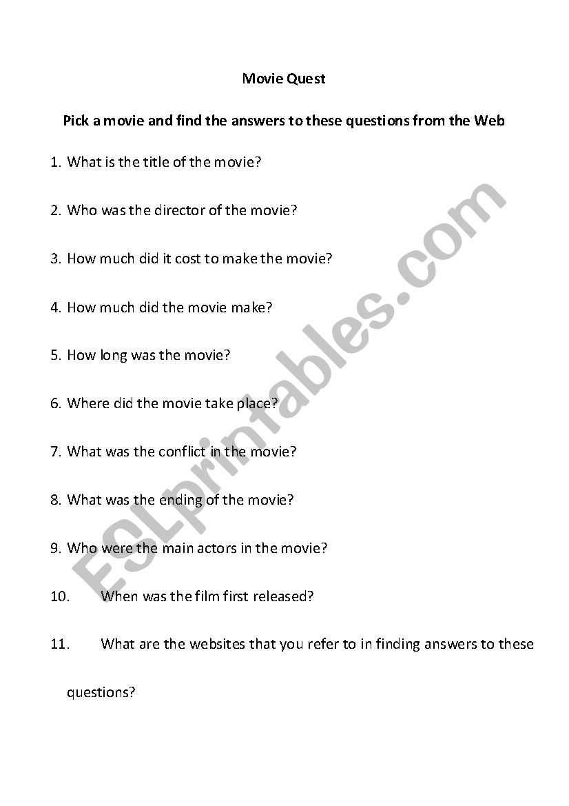 Movie Quest  worksheet