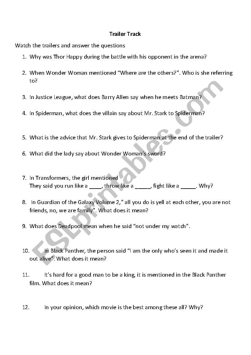 Trailer Track  worksheet