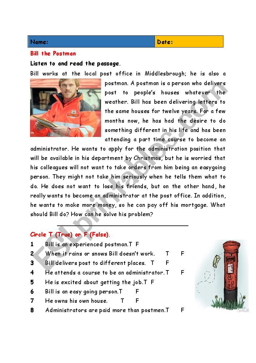 Bill the Postman worksheet