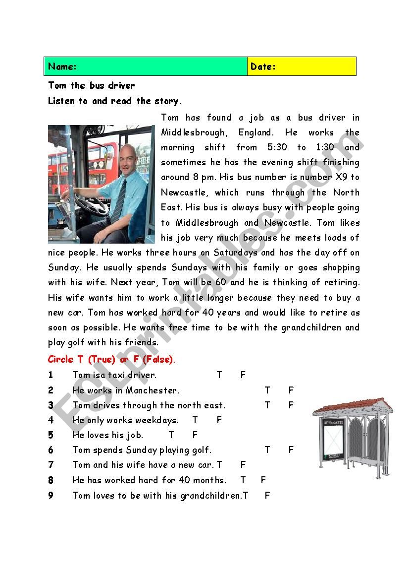 Tom the Bus Driver worksheet