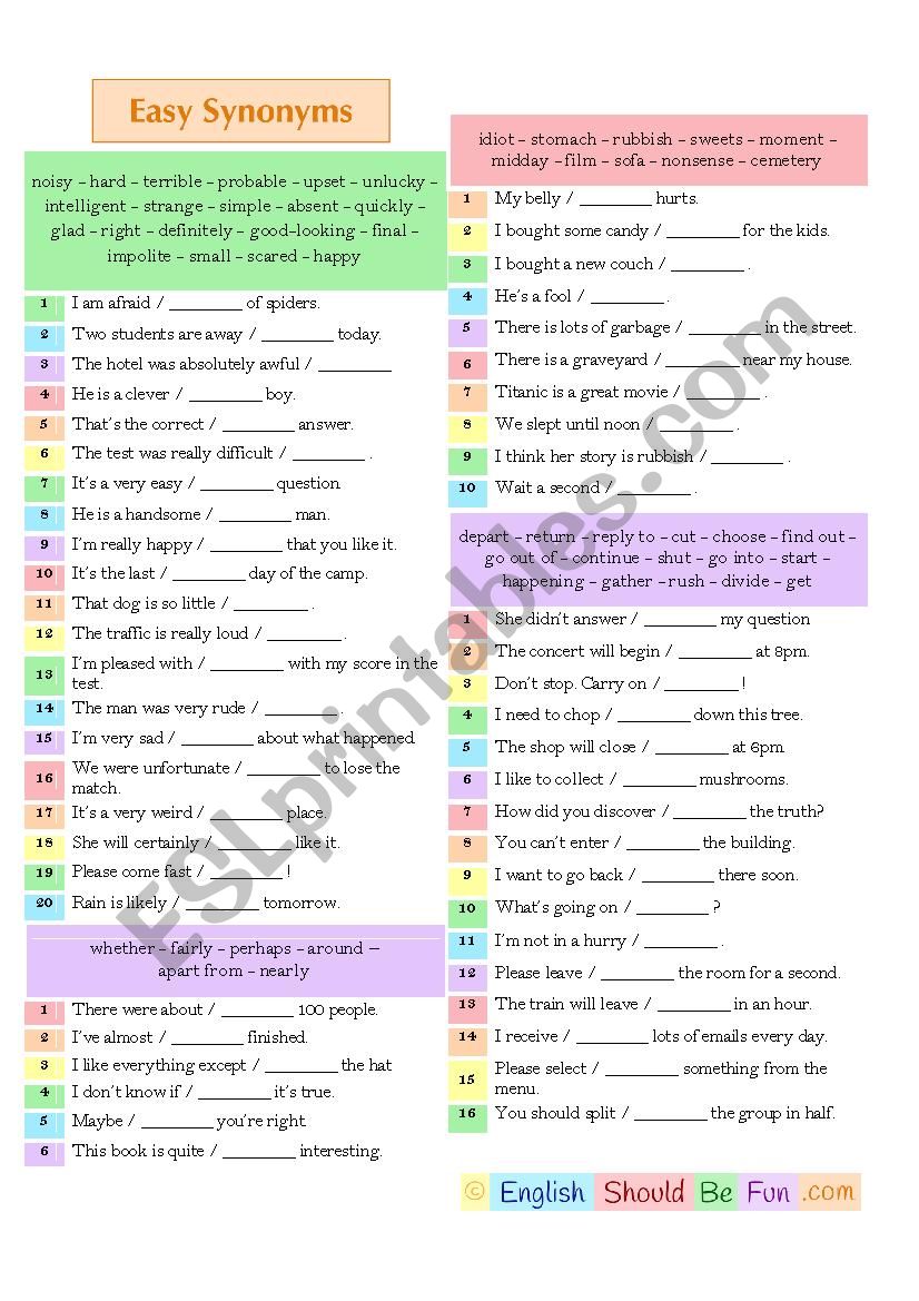 Easy Synonyms worksheet