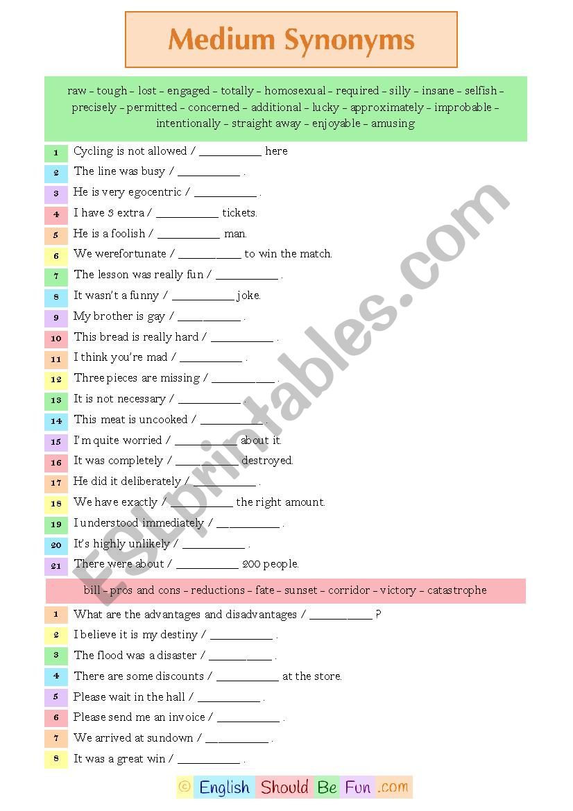 Medium Synonyms worksheet