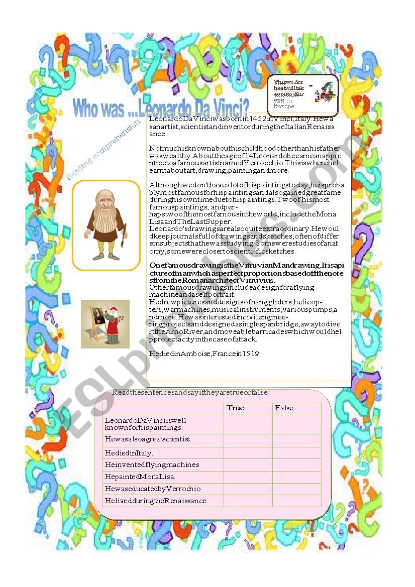 Who was Leonardo Da Vinci ? worksheet