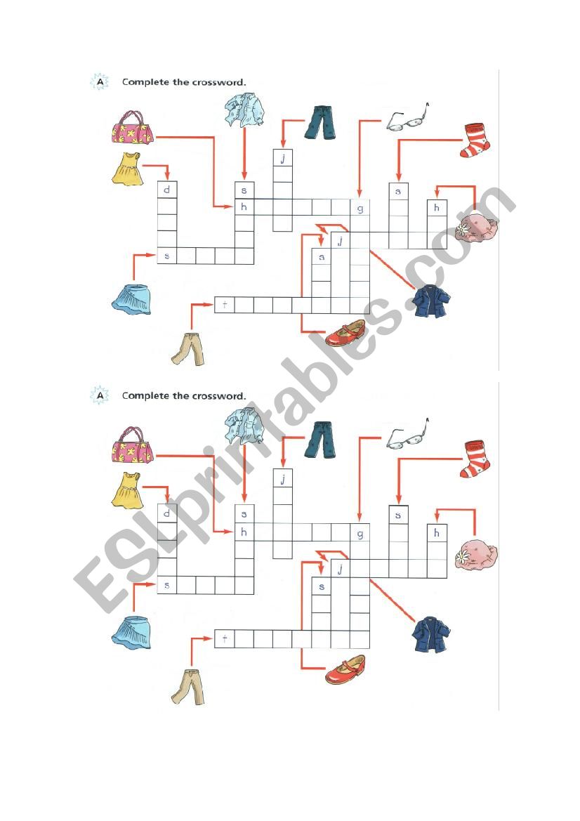 Crossword clothes worksheet