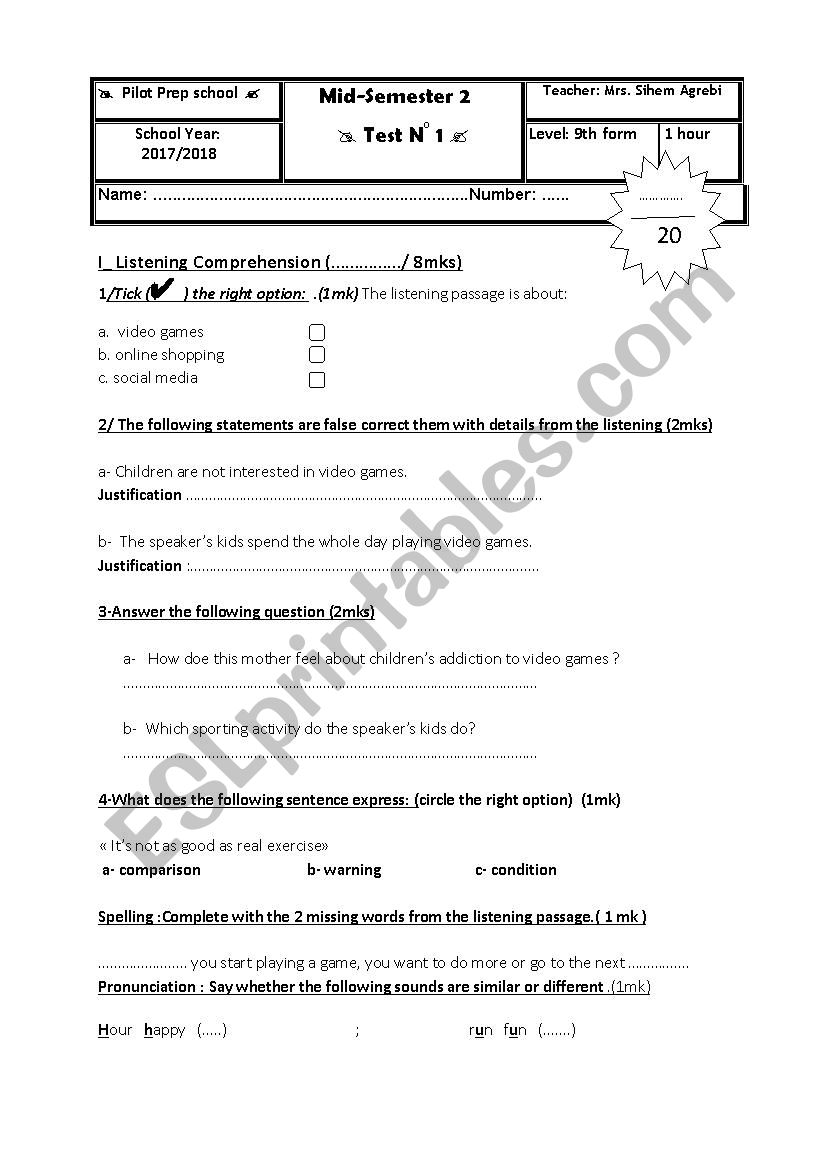 mid-term  test  9th form worksheet