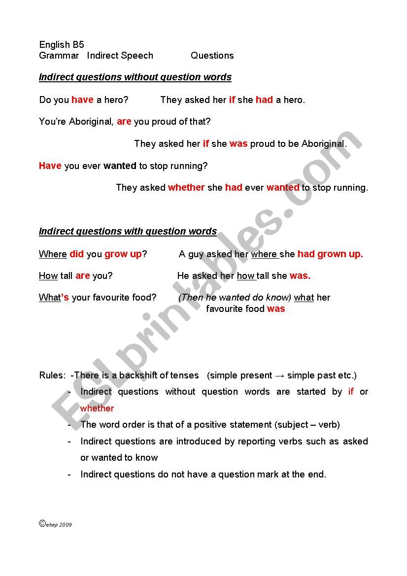 Indirect speech questions worksheet
