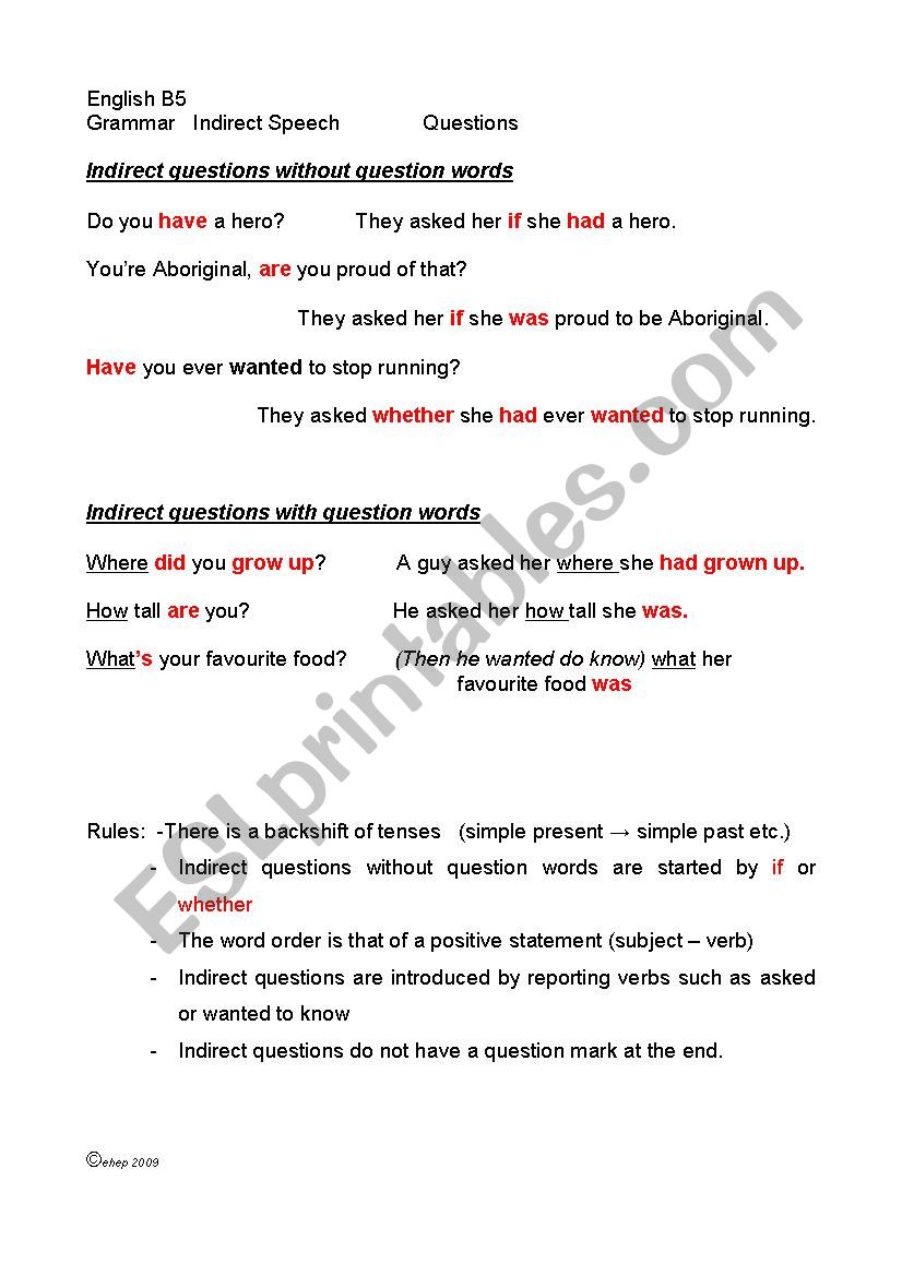 Indirect speech questions worksheet
