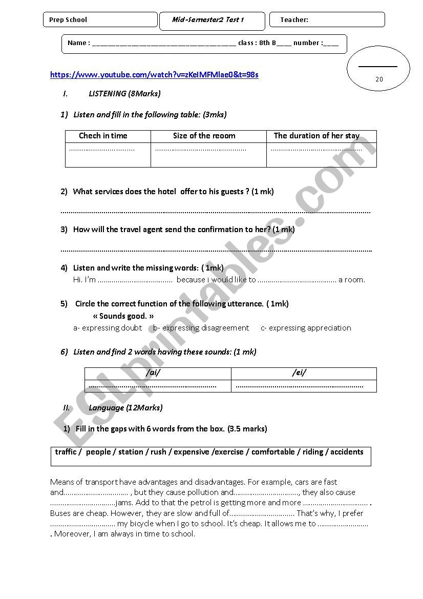 8th form mid-term test 2 worksheet