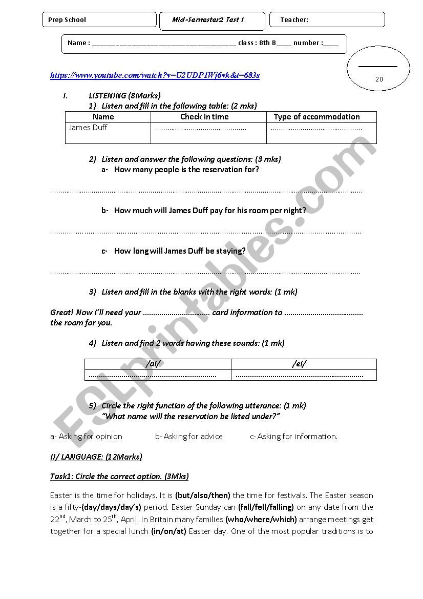 8th form mid-term test 2 worksheet