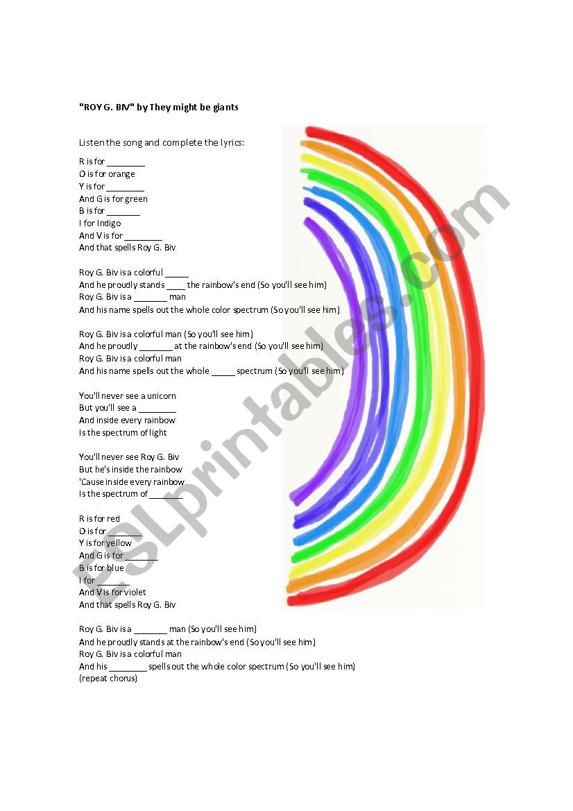 Roy G. Biv. Lyrics  worksheet