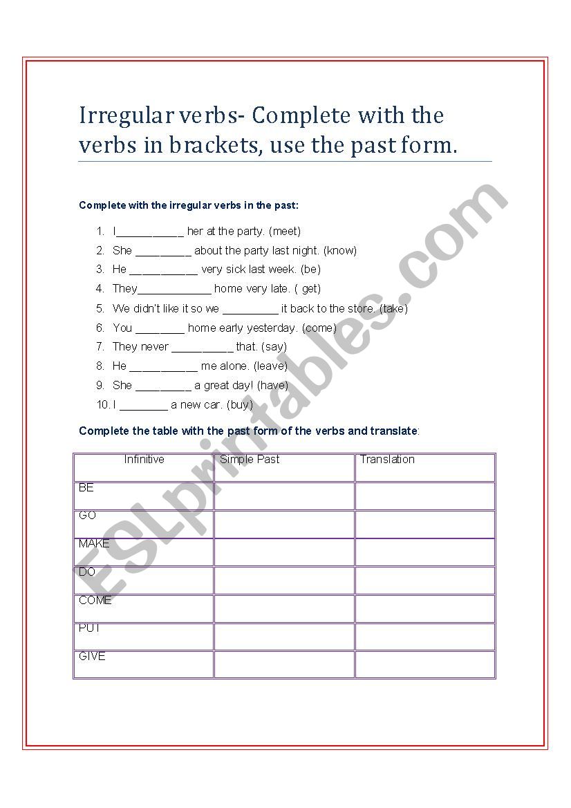 IRREGULAR VERBS  worksheet