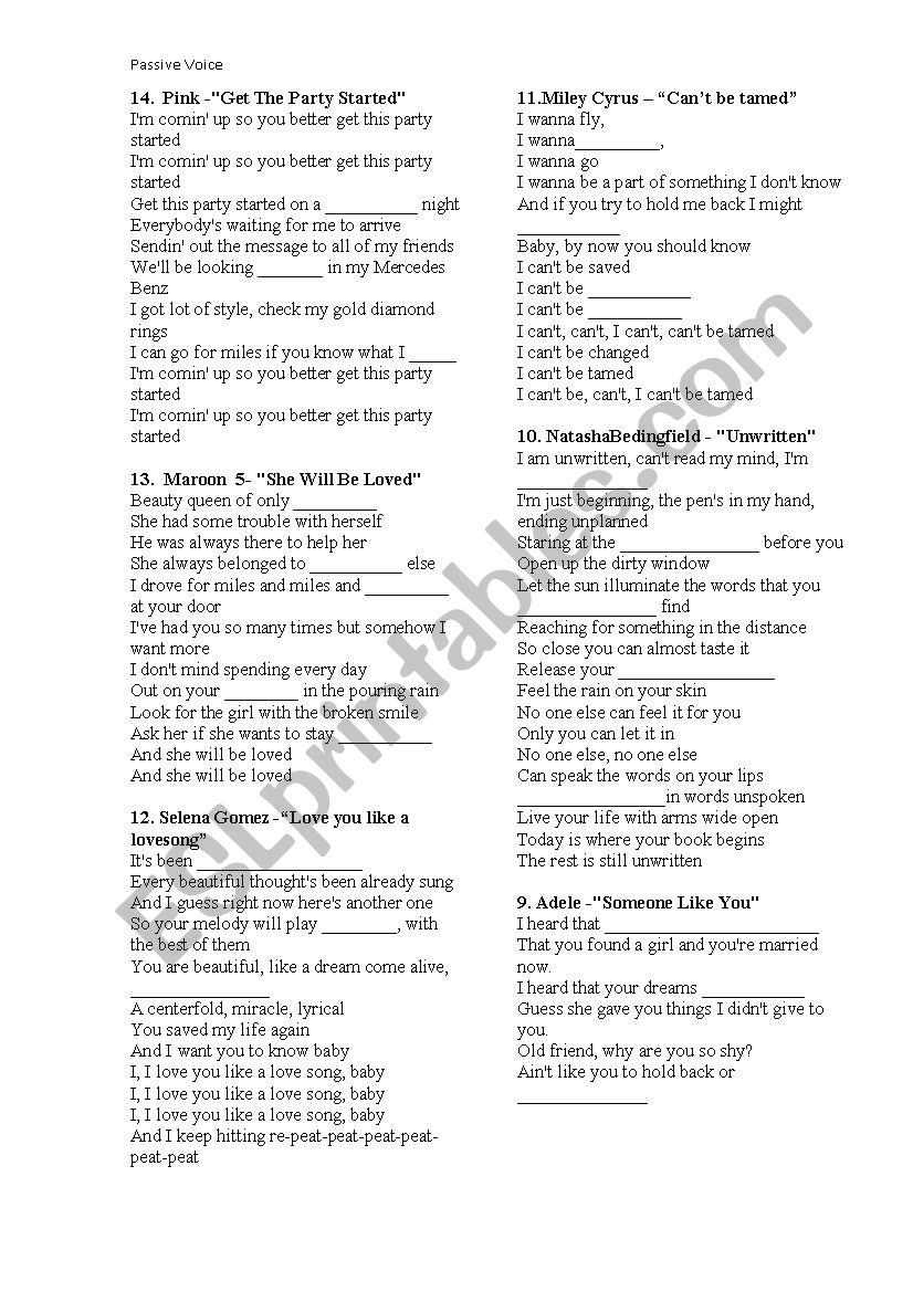 Passive voice in songs worksheet