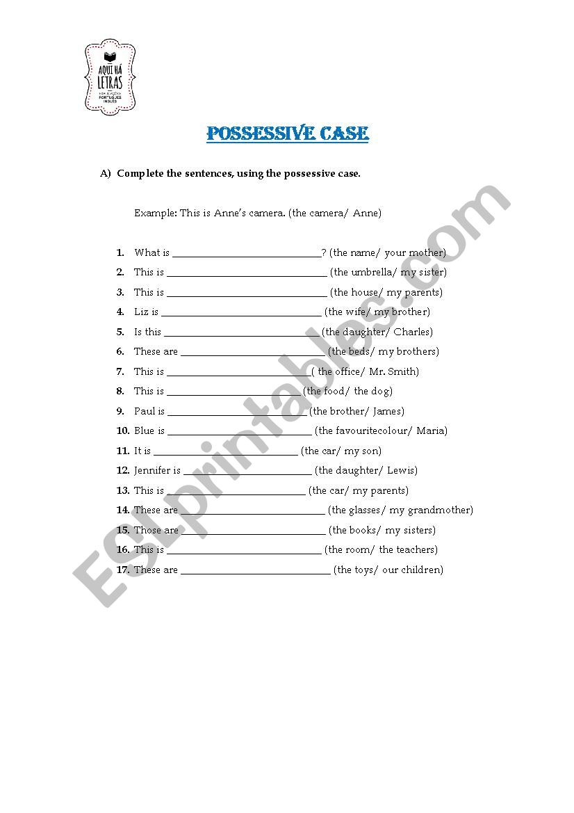 Possessive case worksheet