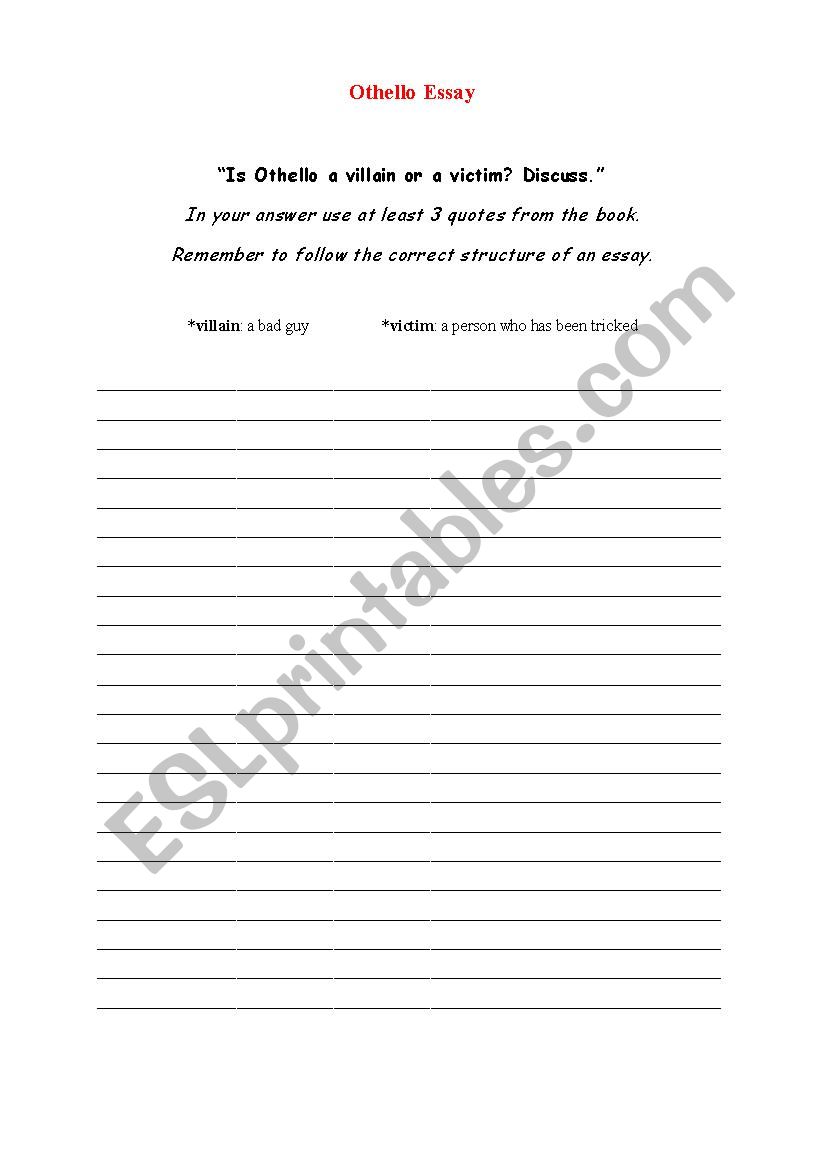 Othello Essay Writing worksheet