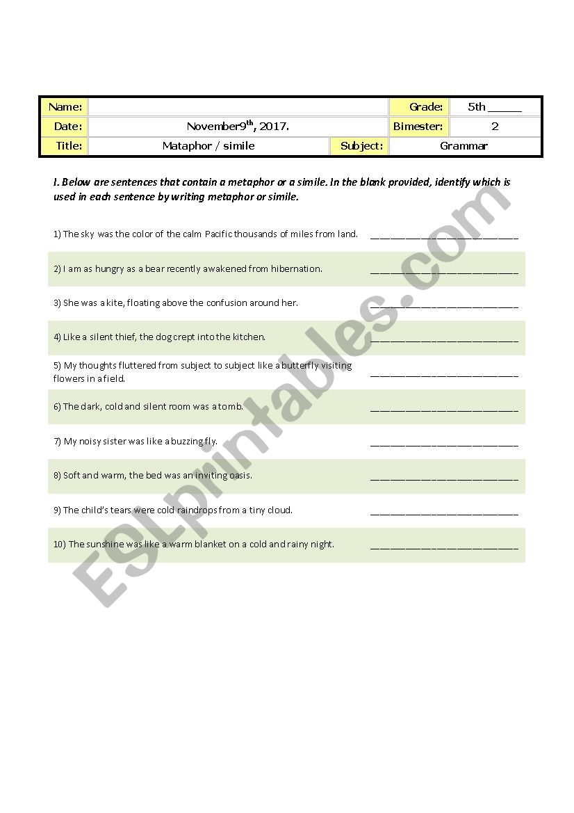 Mataphor / Simile worksheet