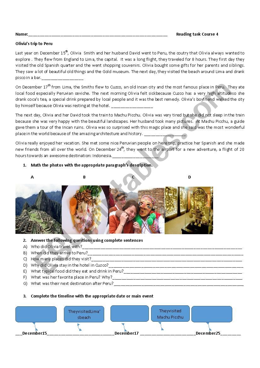 Trip to Peru worksheet